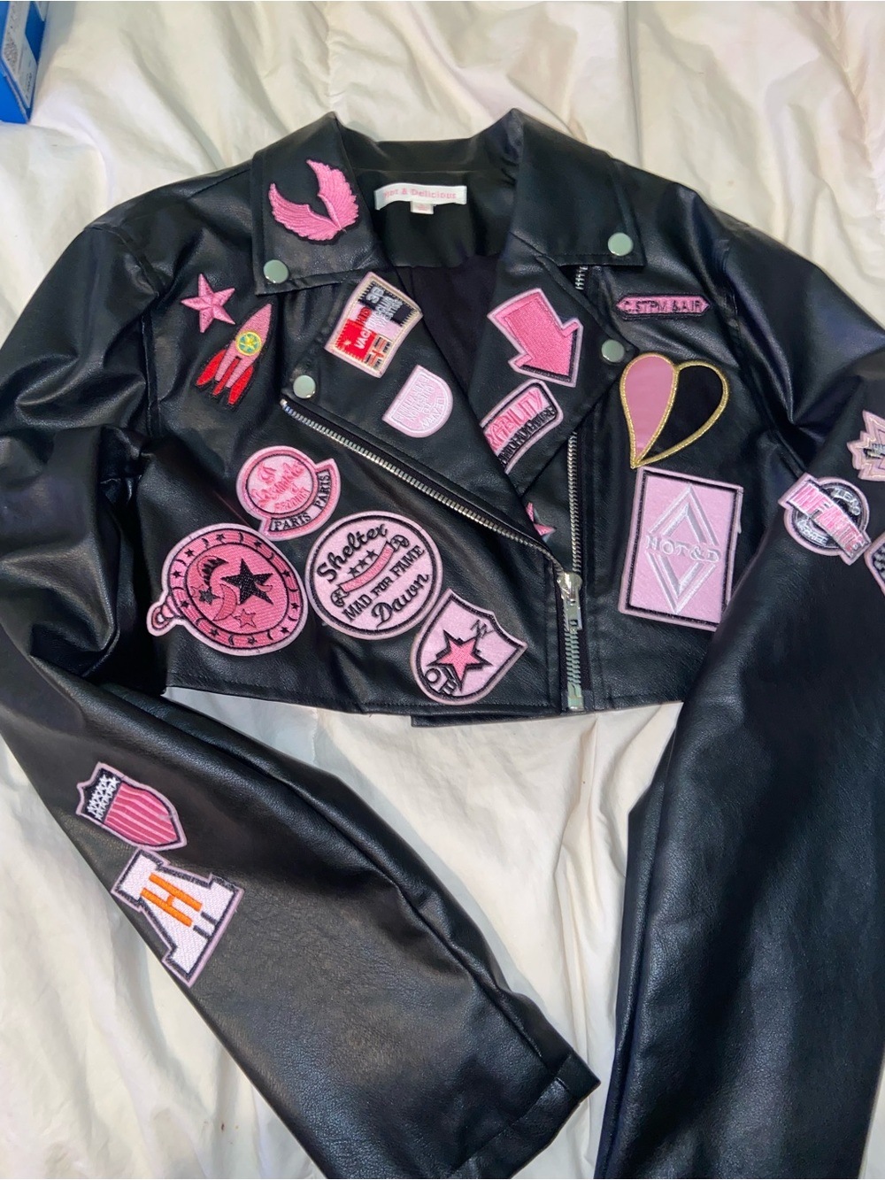 Fashion nova Black Cropped Faux Leather Jacket with Pink Patchwork